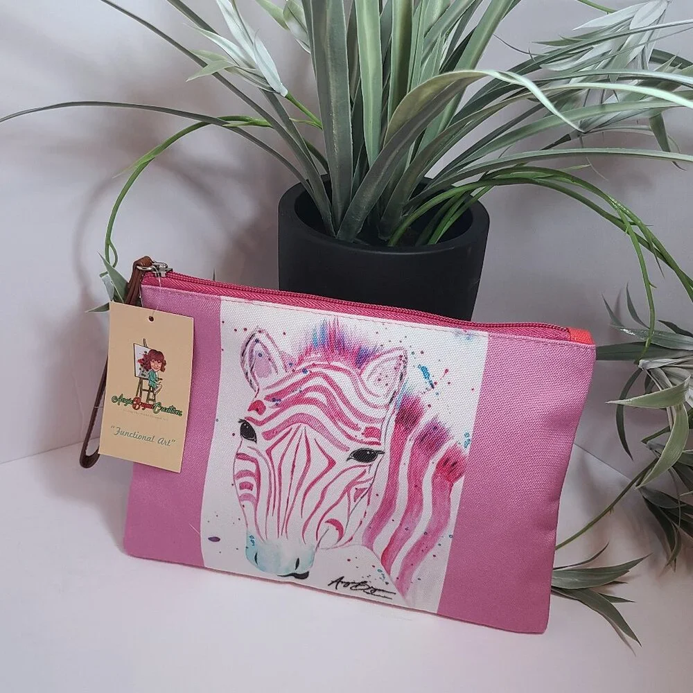 Pink Zebra Canvas Zipper Pouch by Angie Bryan | Original Art Print